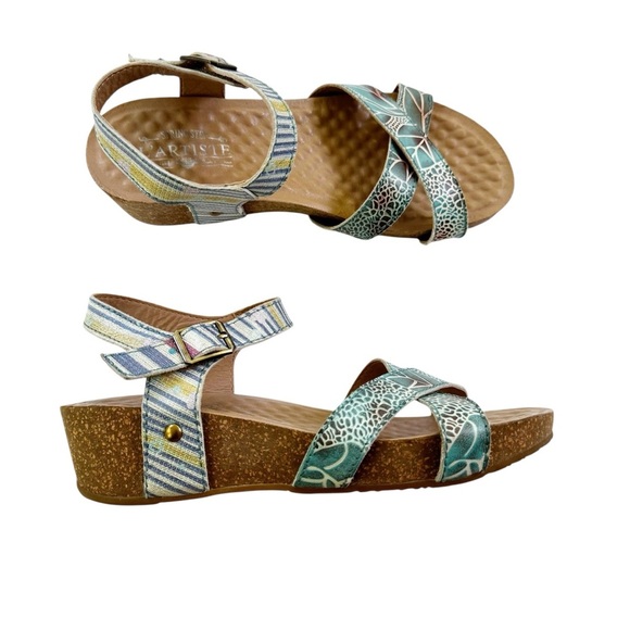 L'Artiste by Spring Step Leather Women's Vella Comfort Wedge Sandals Blue Size 7 - Picture 2 of 15